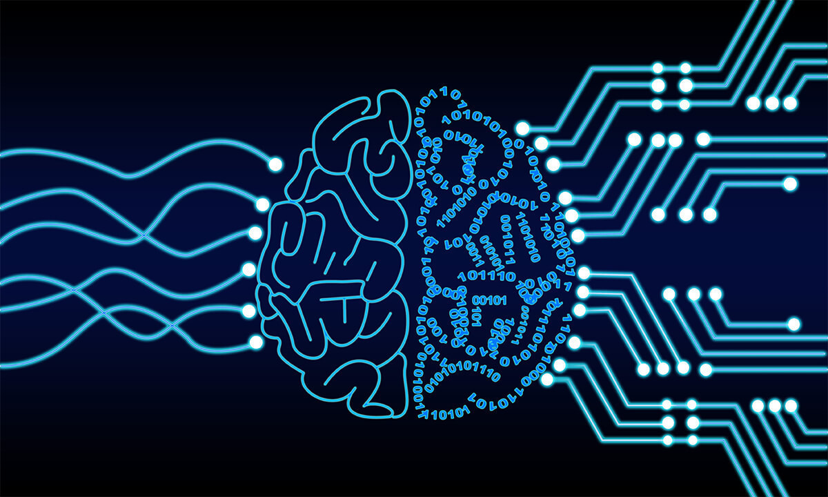 Illustration: artificial intelligence brain using binary language and circuit boards connecting to it