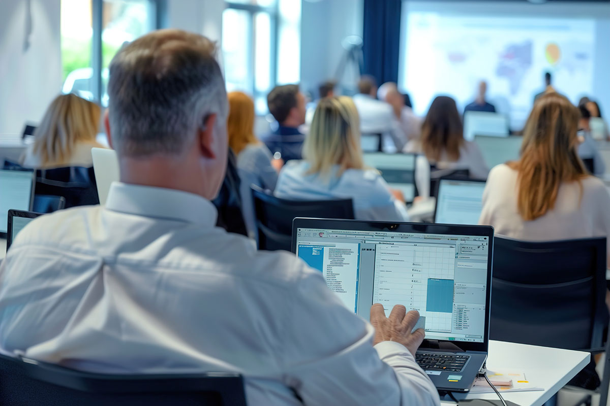 A high-angle view of a compliance training session, with employees taking notes and engaging with interactive compliance software on their laptops.