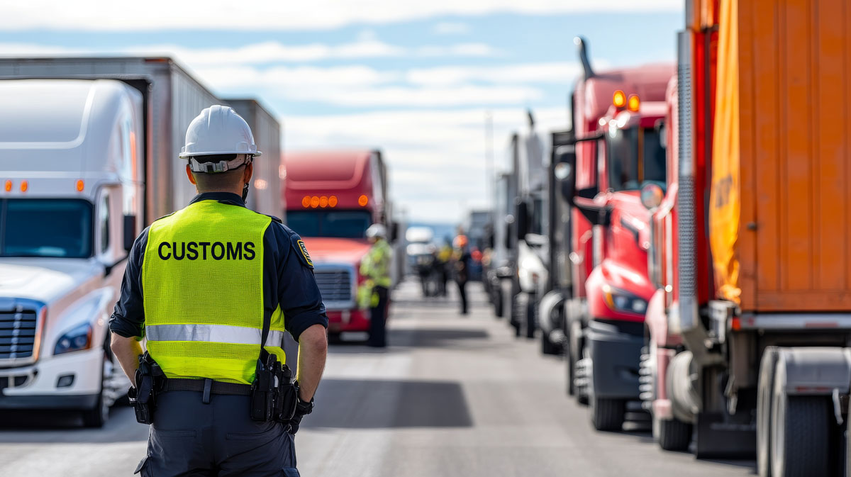 customs officer in reflective vest monitors trucks at border checkpoint, ensuring safety and compliance.
