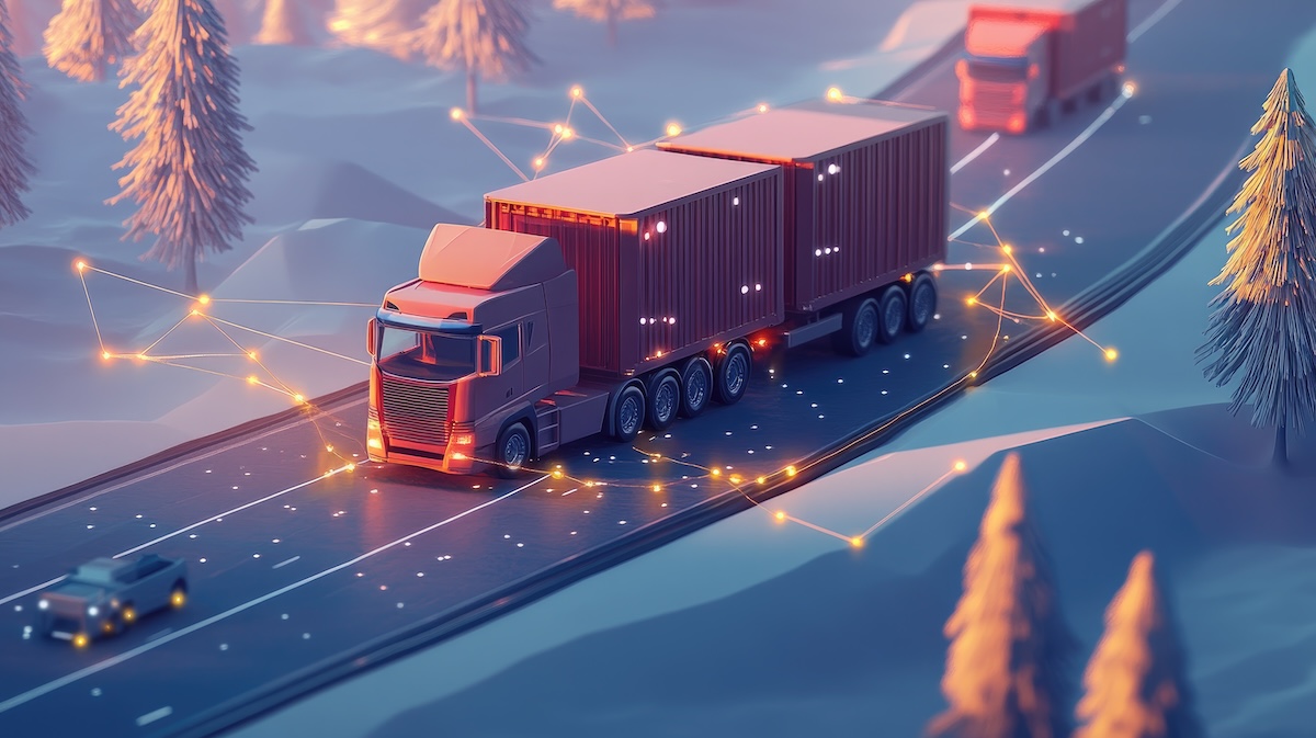 digital image of red truck driving down a wooded highway