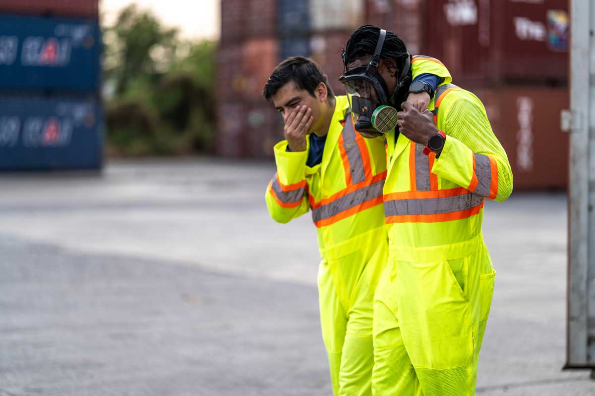 industrial workers in high-visibility suits assist each other after a hazardous incident near a shipping container. Emphasizing occupational safety, emergency response, and risk management