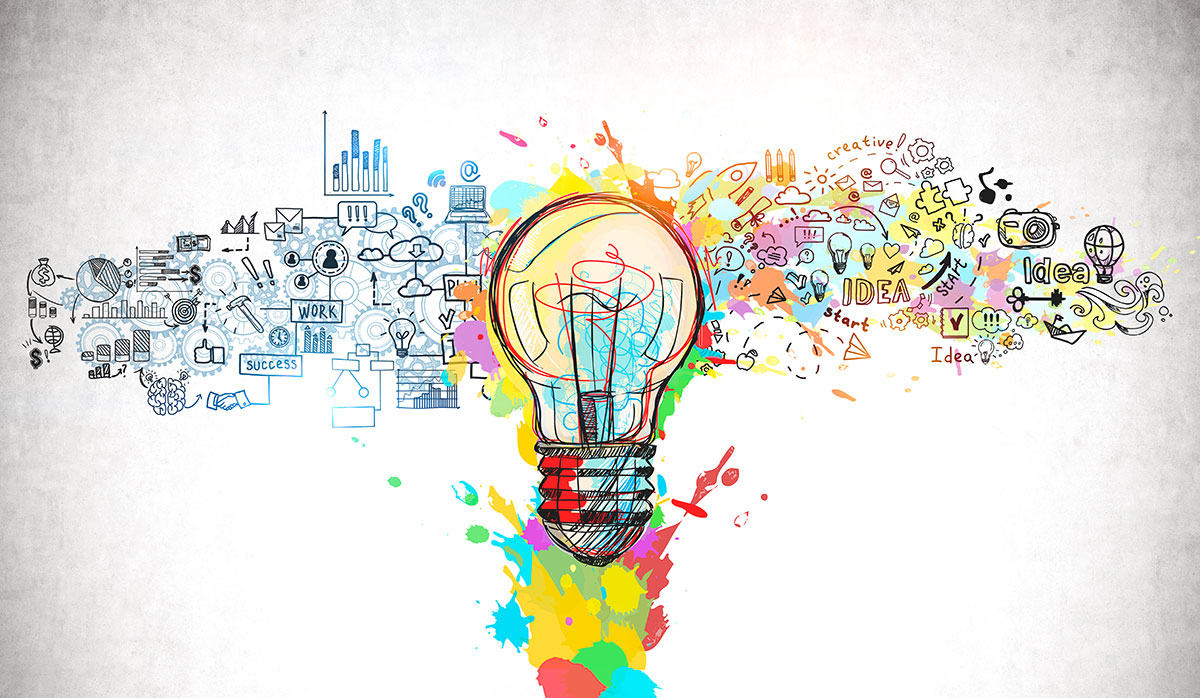 rainbow lightbulb illustration with innovation synonyms