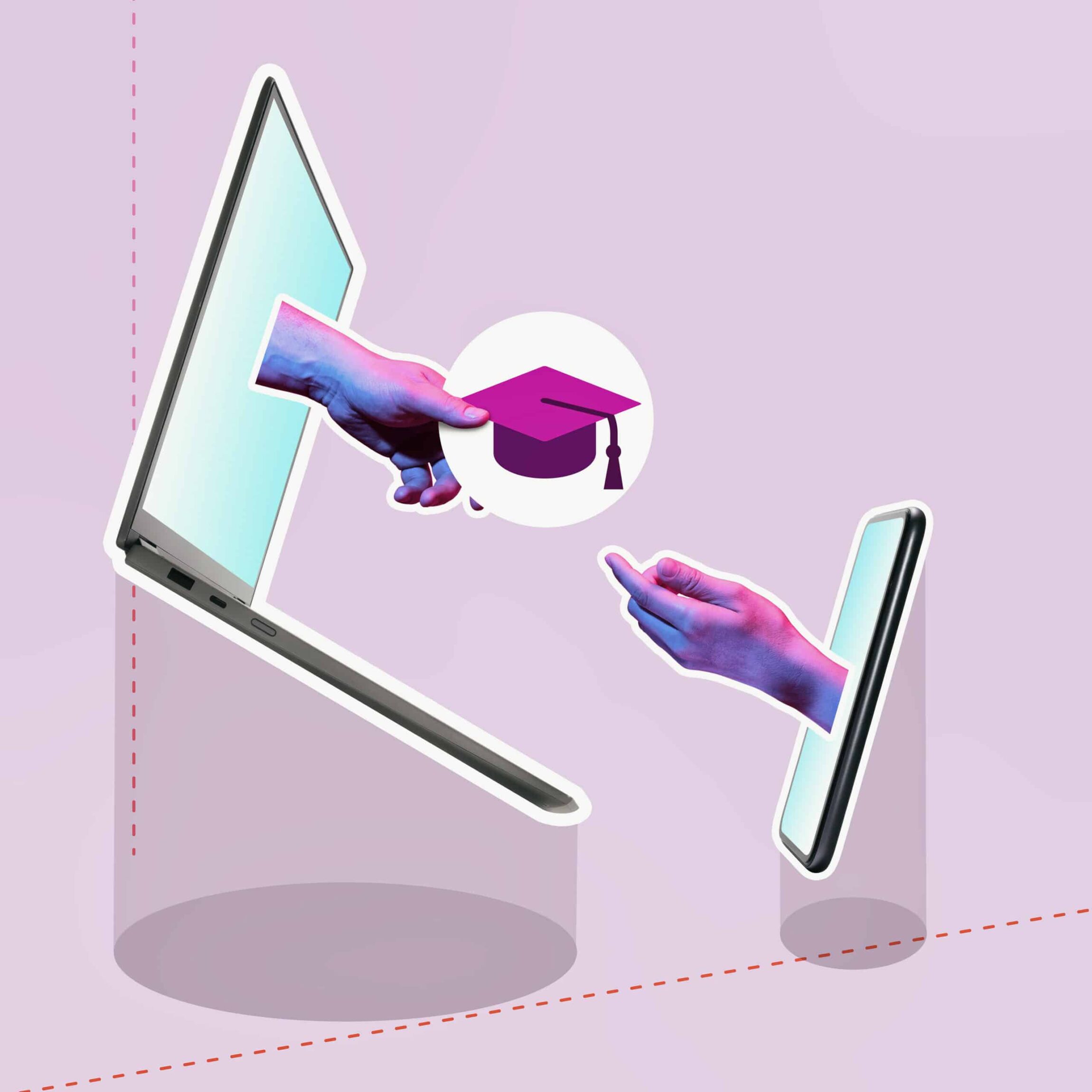 graphic showing a hand transferring a graduation cap from a laptop to a cell phone