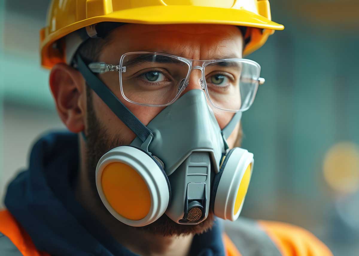worker in hard hat, safety glasses, wearing full face respirator, emphasizing respiratory protection.