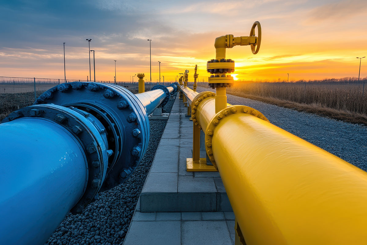 A colorful sunset scene featuring industrial pipelines, highlighting blue and yellow pipes against a tranquil landscape.