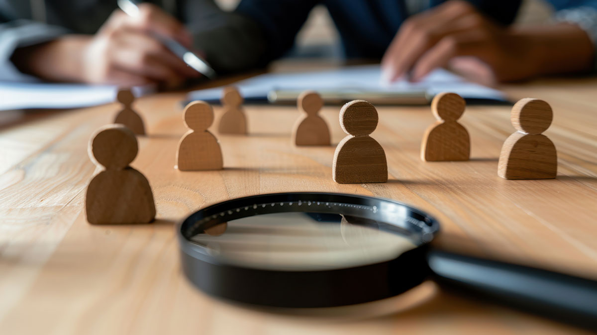 Magnifying glass lying on a table with several wooden people figures in front of it.