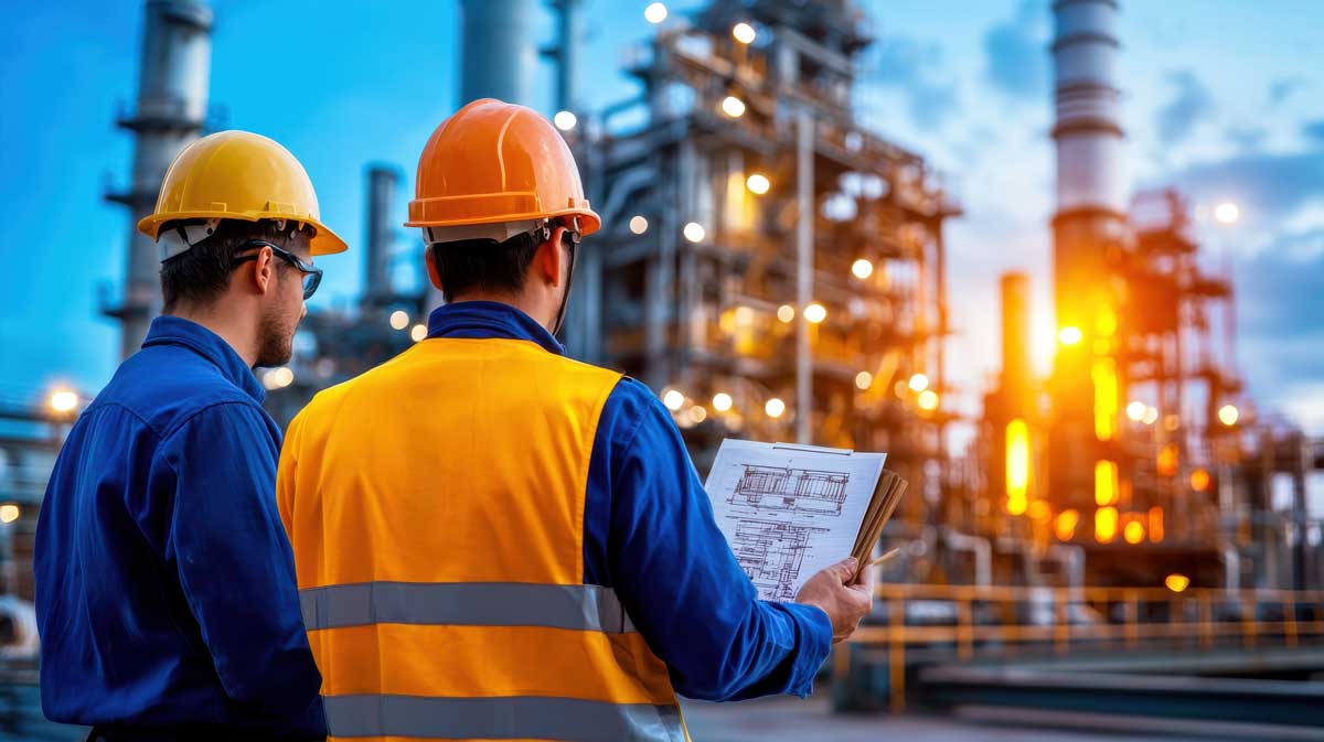 Industrial workers observe refinery at sunset, discussing plans. contractor consortium