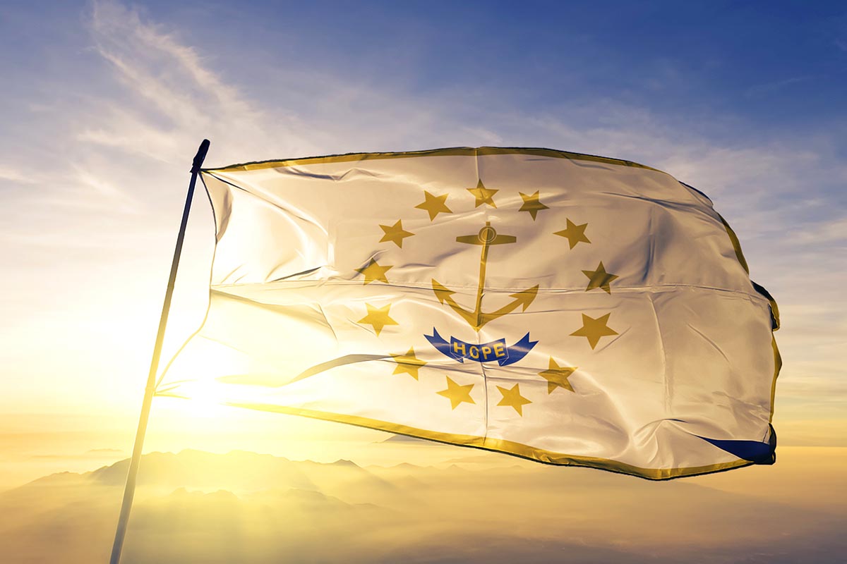 Rhode Island flag waving in the sun