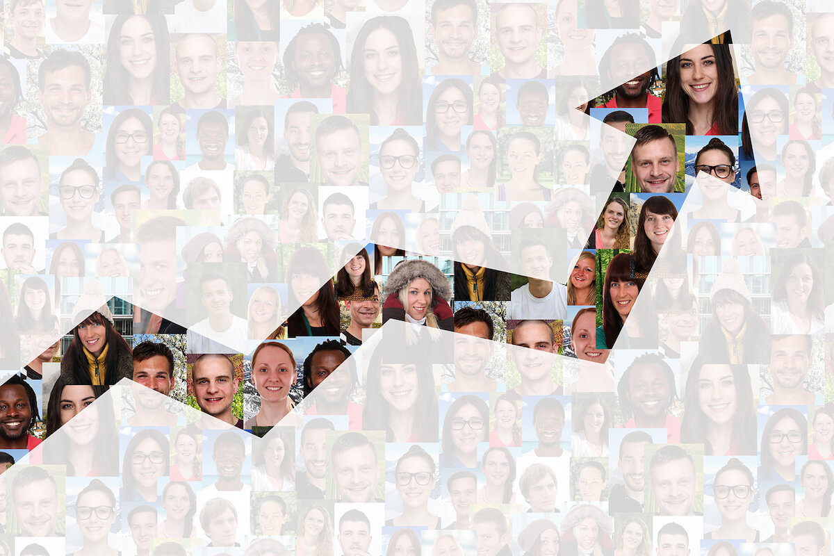 rising line graph superimposed over a collage of people's faces