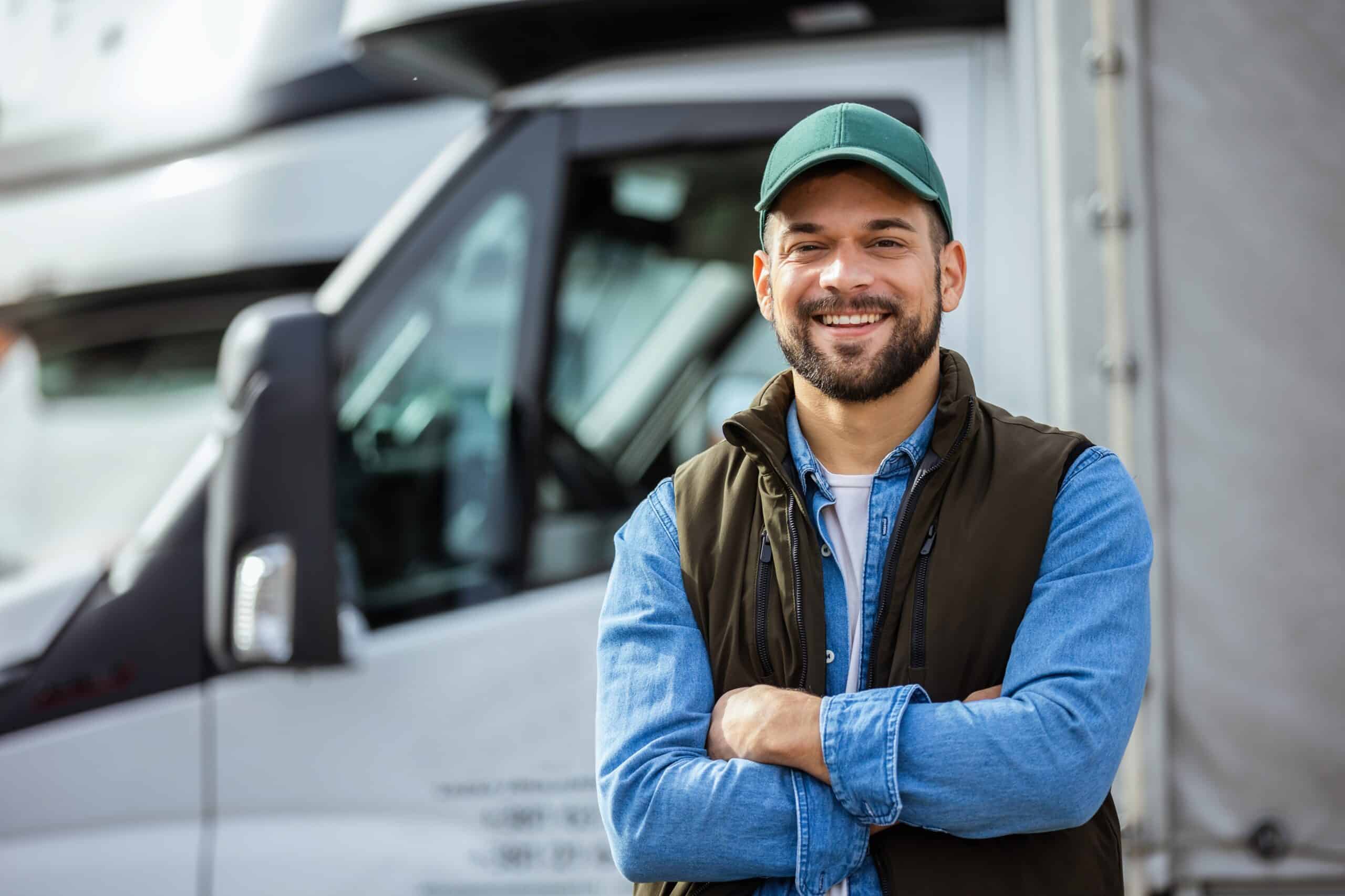 Truck driver standing outside truck with arms crossed and smiling