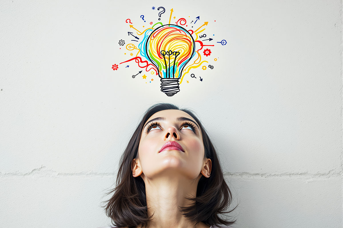 woman looking up at a colorful illustrated lightbulb over her head.