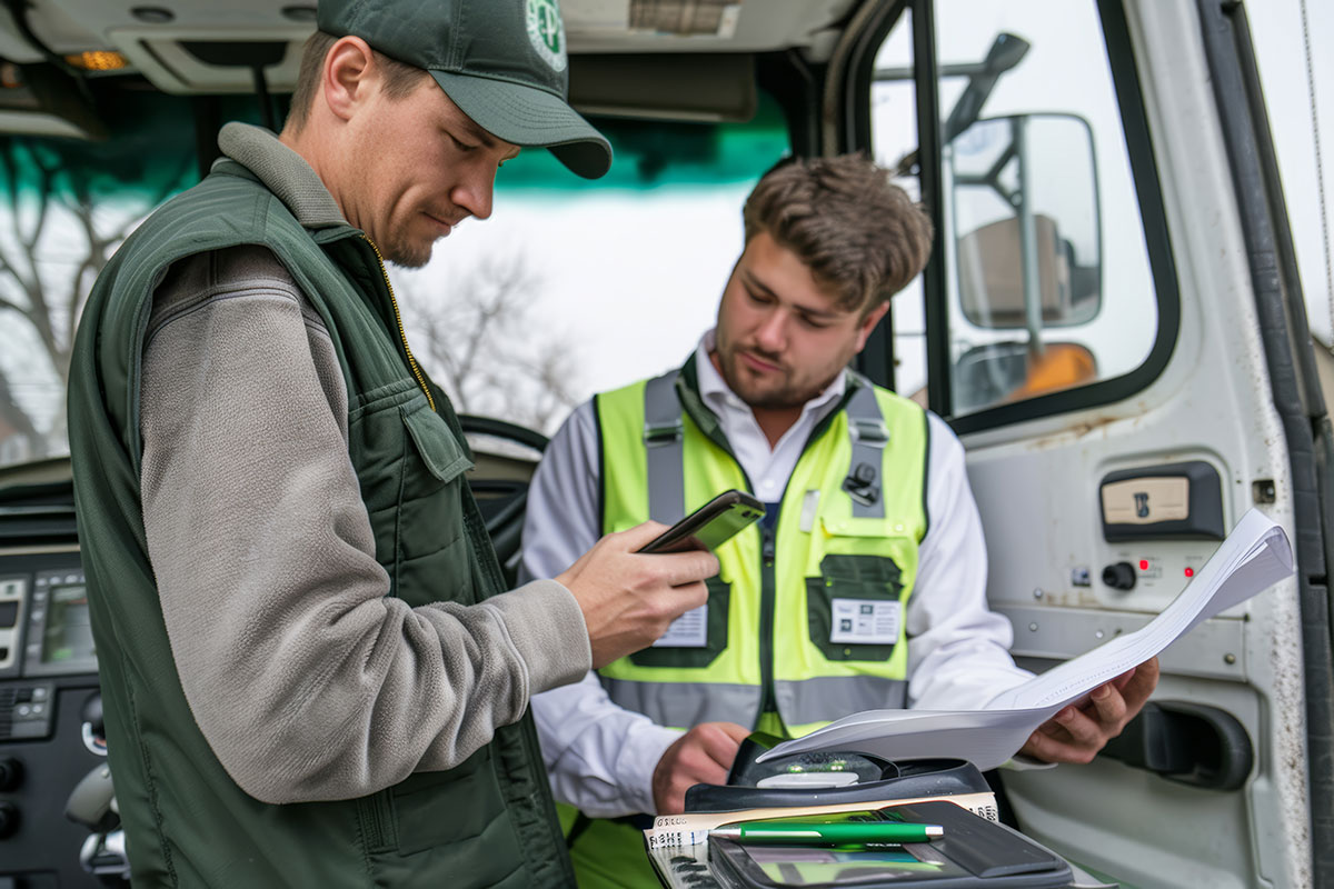 Transportation workers in a truck cab, one checking a smartphone while the other reviews MVR paperwork