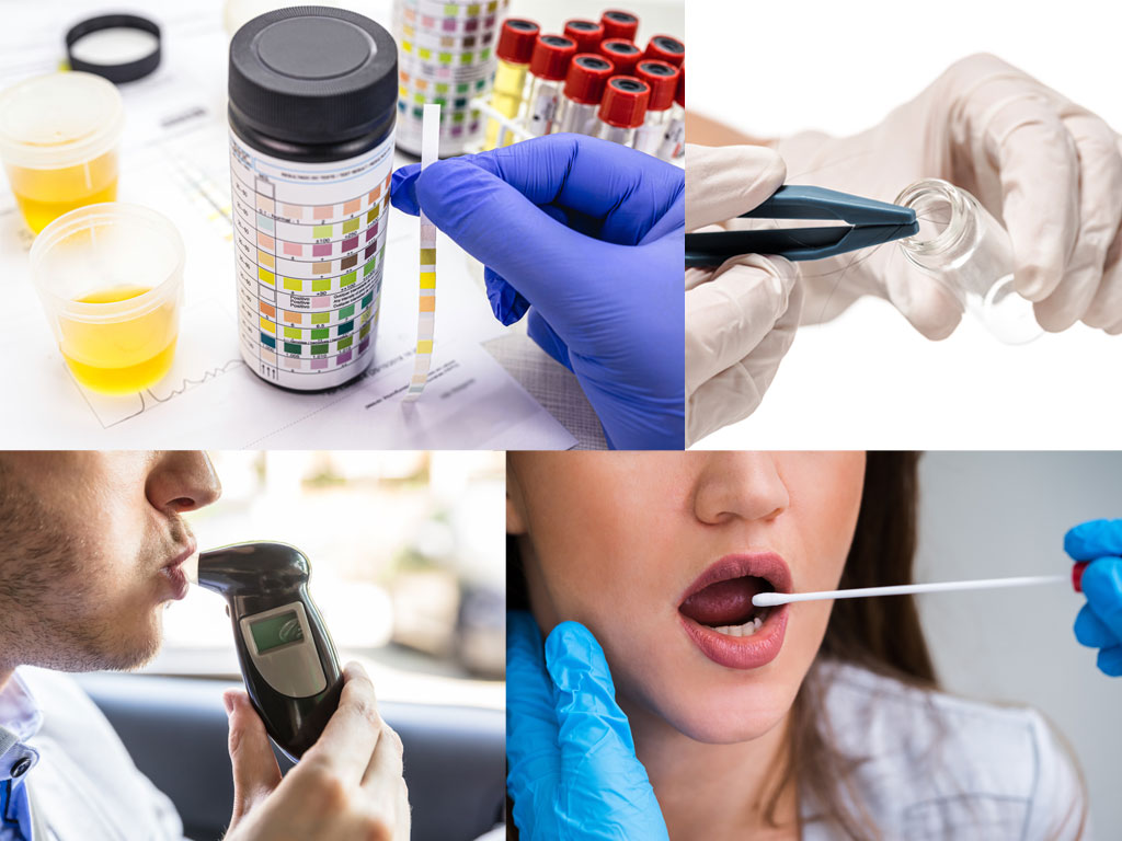 collage of different types of tests: urine test, hair test, breathalyzer, oral fluid testing for drug screening