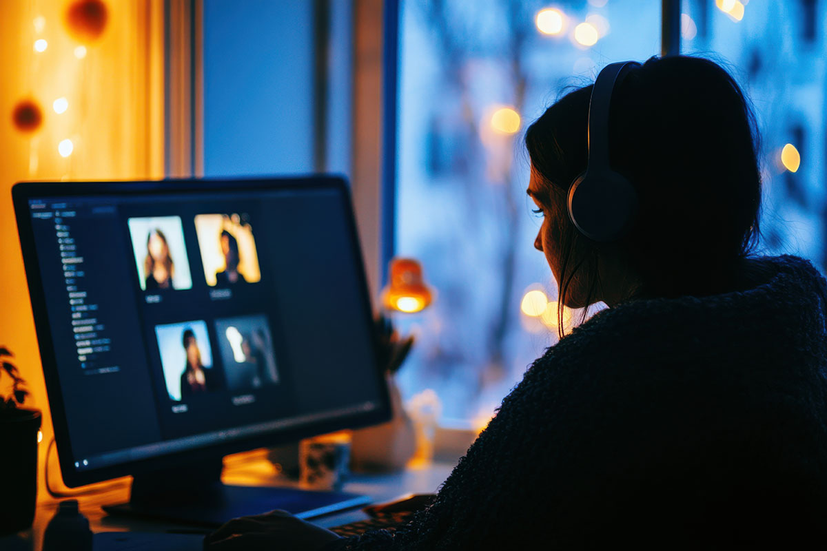 A person attending a virtual conference with colleagues from around the world