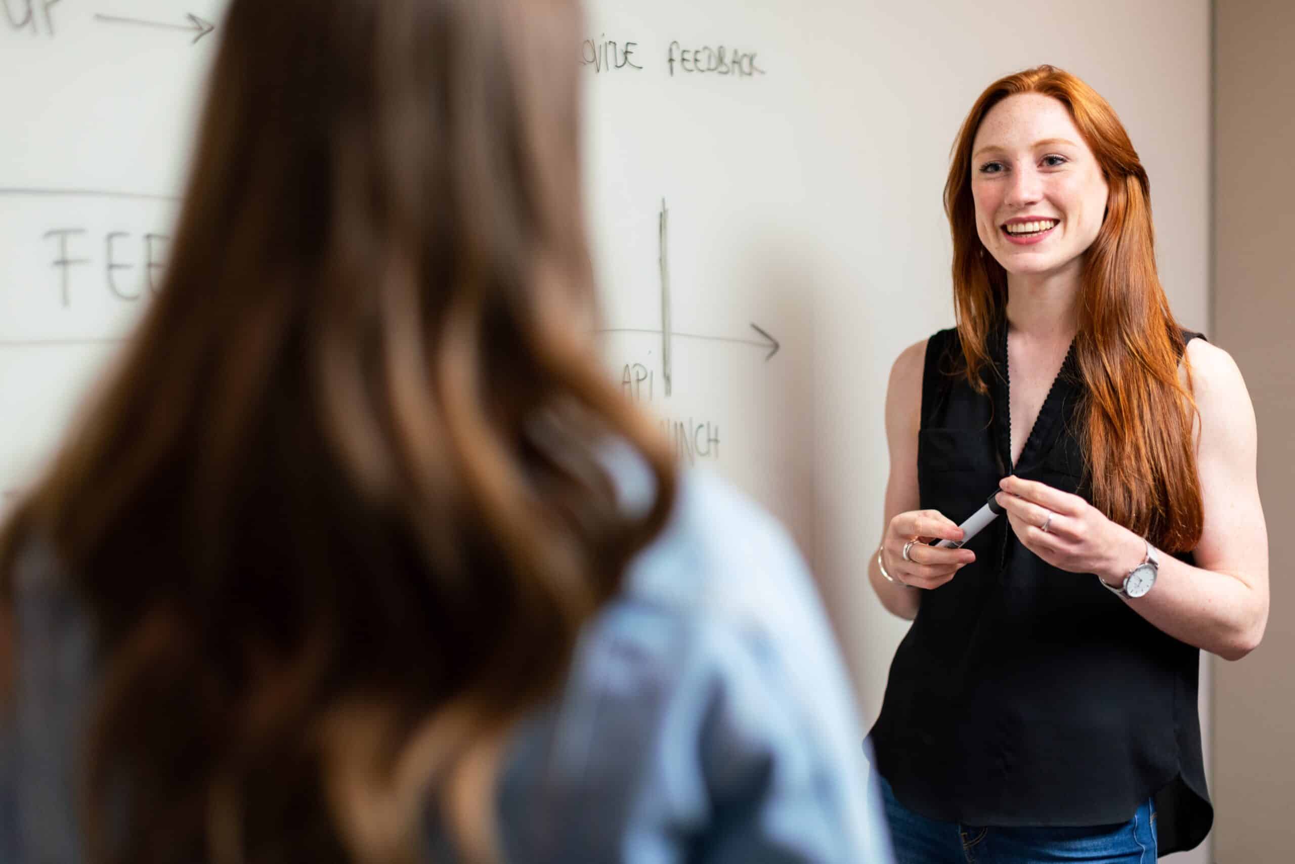 Woman giving a presentation at a whiteboard