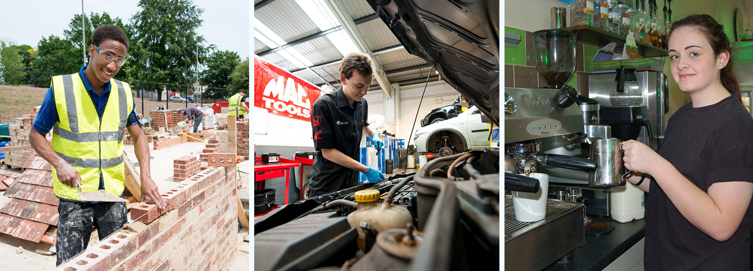 collage of images of a bricklaying apprentice, automotive apprentice and catering and hospitality apprentice