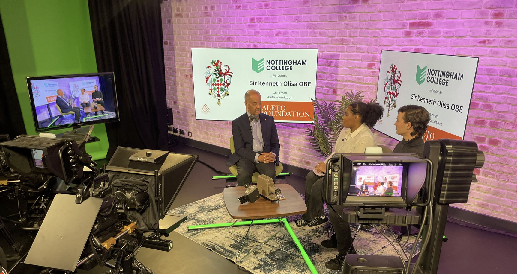 Sir Ken being interviewed in our Digital Media studio, by students Mykyta Veselov and Christena Davis
