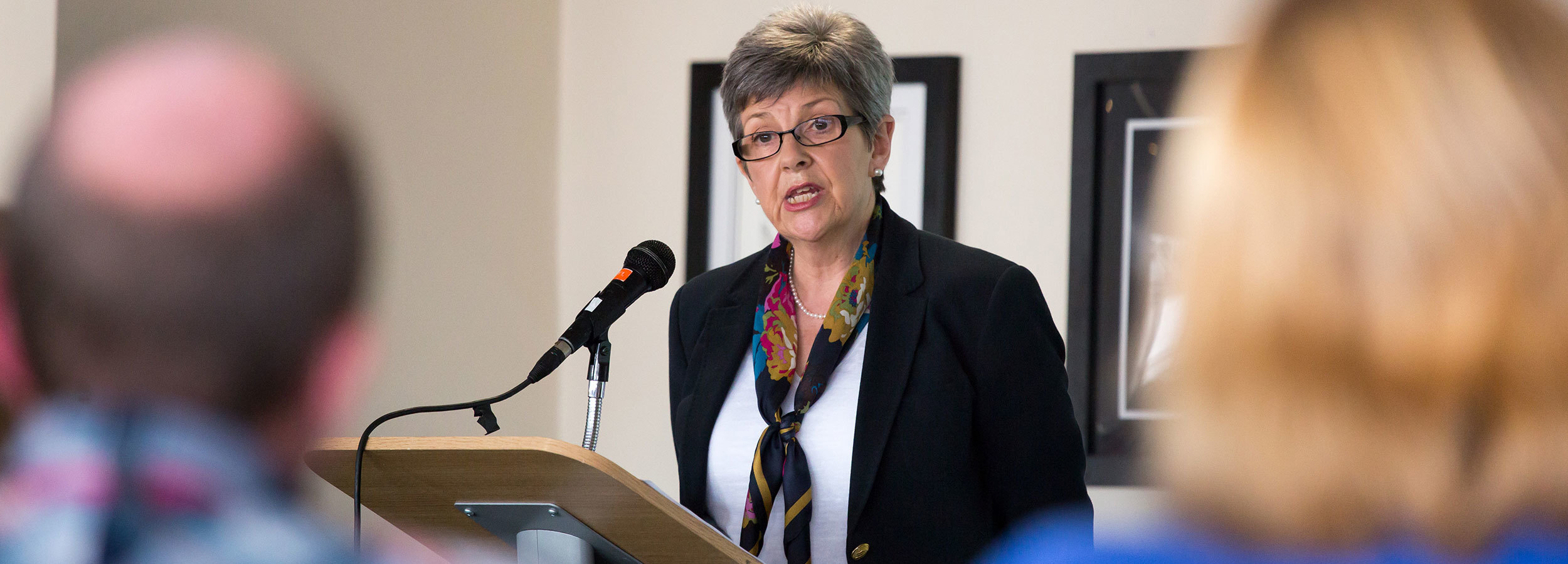 Carole Thorogood, the Chair of Governors, speaking at a staff conference.