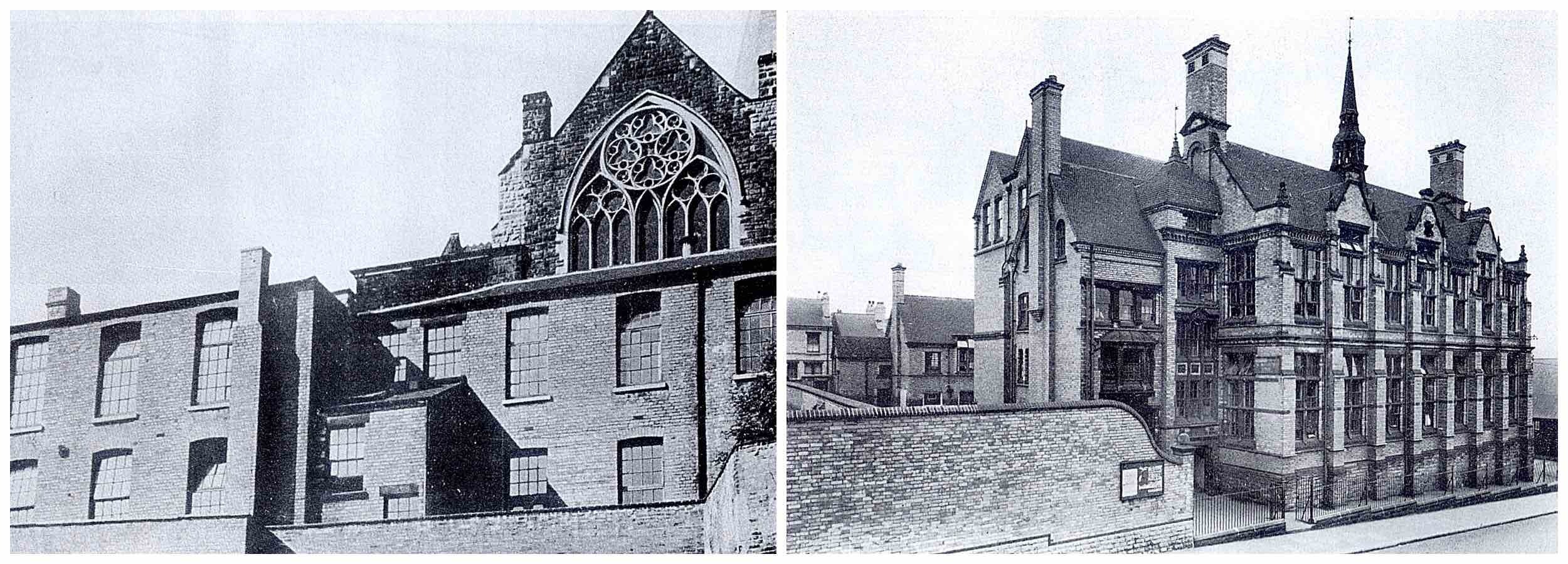 Black and white historic image of the original High Pavement School