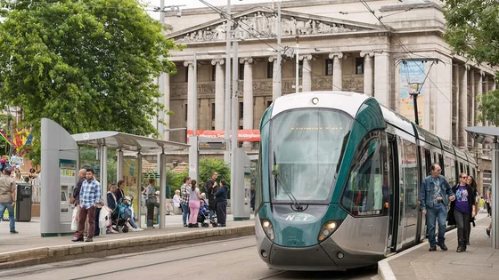 A tram in the Old Market Square in Nottingham.