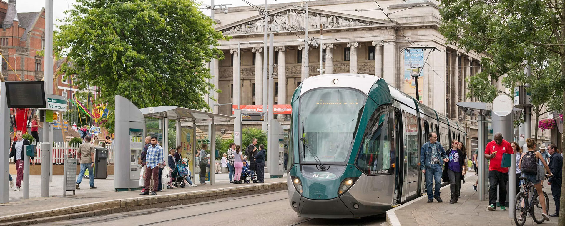 A tram in the Old Market Square in Nottingham.