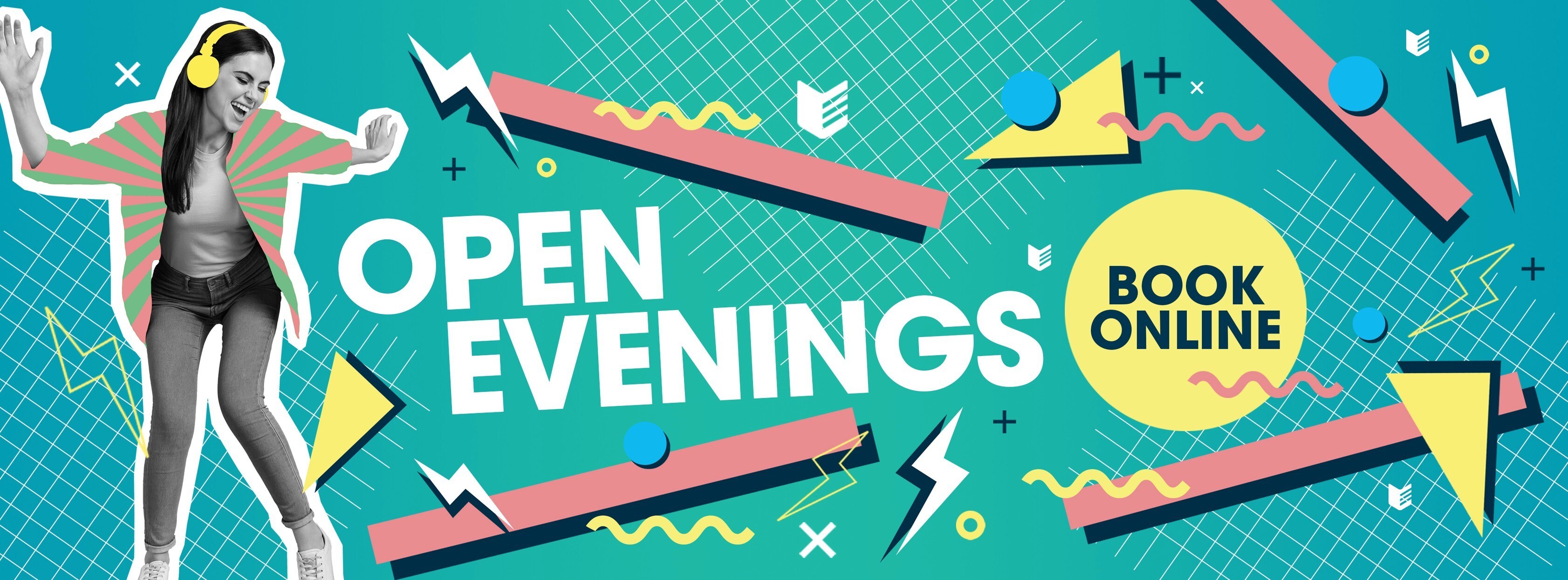 Open Evenings banner: abstract design on a teal background a girl dancing wearing headphones.
