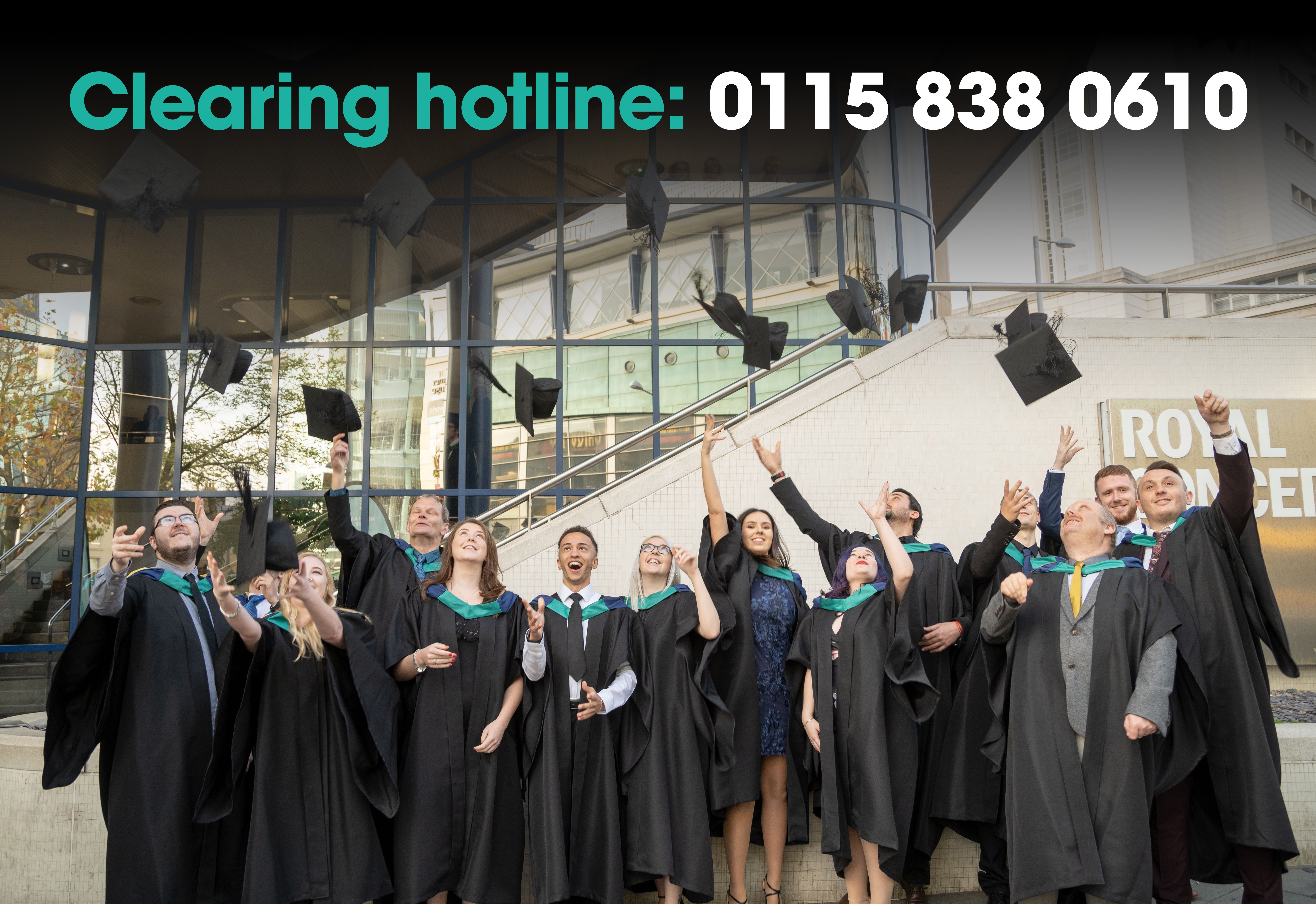 Nottingham College Graduates throwing their caps outside the Royal Concert Hall.