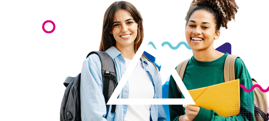 Two students wearing backpacks smiling