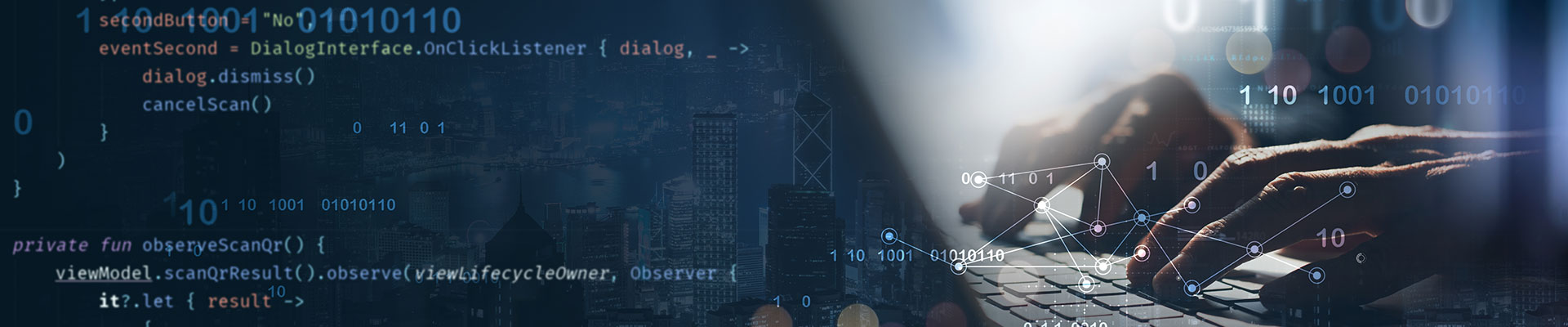 A person typing on a keyboard with an overlay show various types of coding.