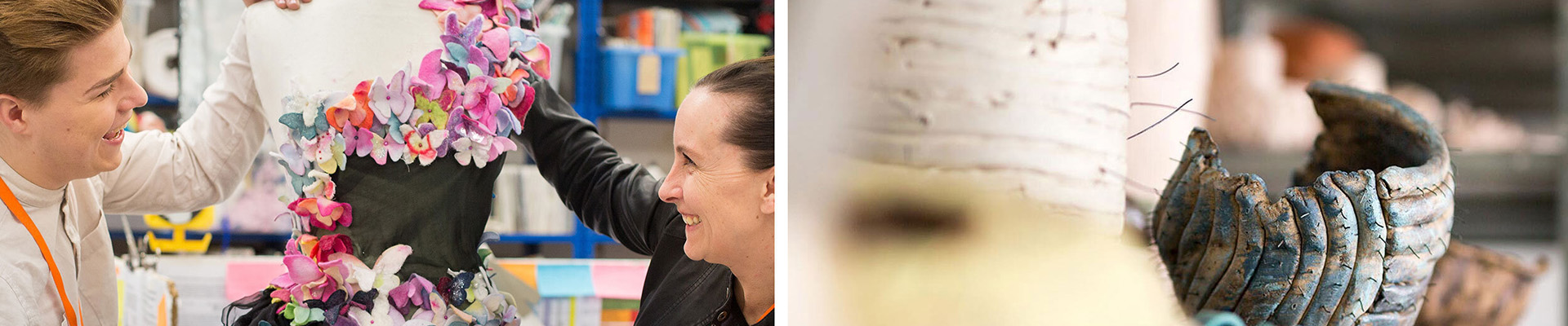 A montage of students with fashion and ceramics.