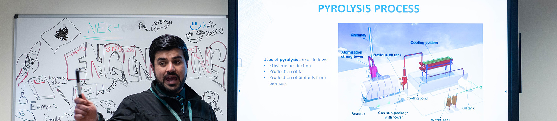 An engineering lecturer explaining pyrolysis to a class.