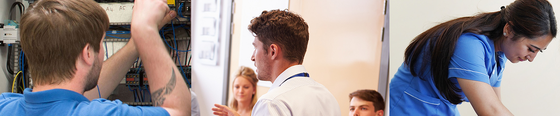 A montage of students. An electrician, a lecturer and a healthcare student.