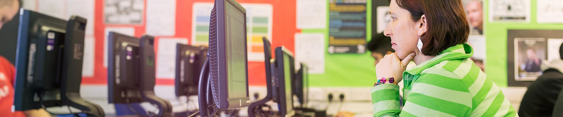 A lady in a green jumper looking at a computer screen.