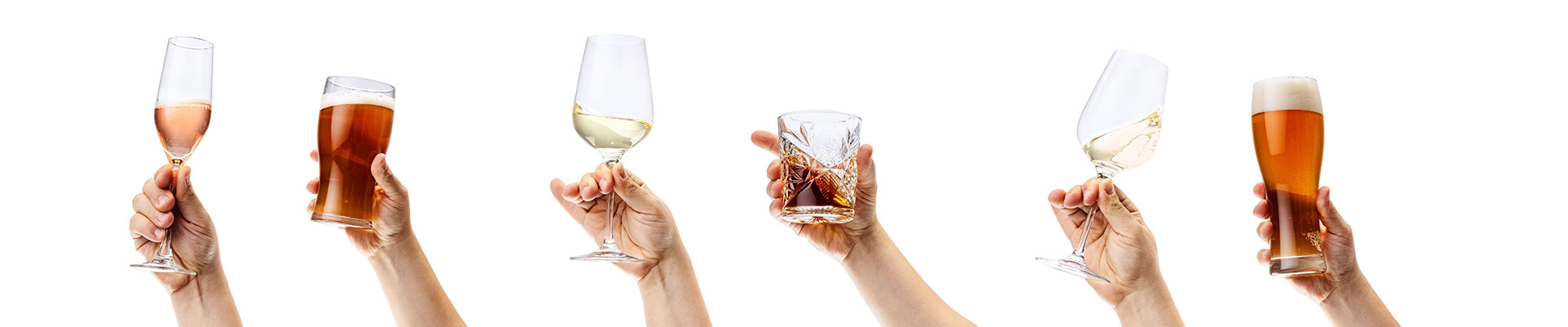 A collage of mail hands holding a variety of alcoholic drinks.