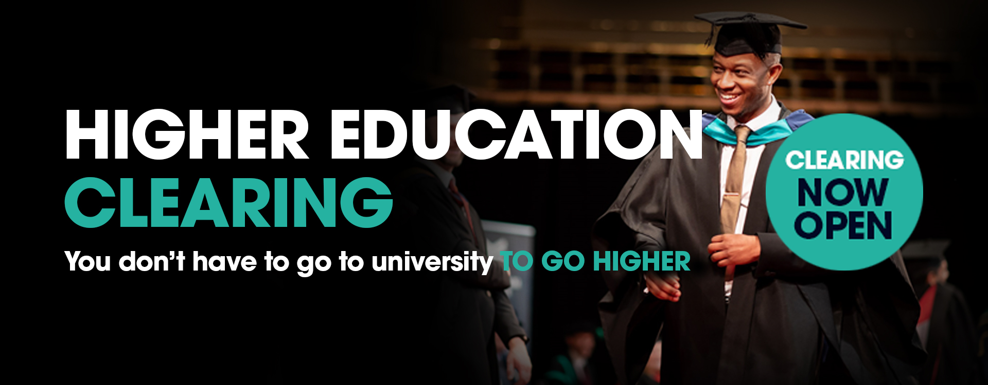 HE Clearing Web Banner. Student collecting degree.