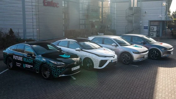 Four hydrogen fuelled cars outside the Emtec Centre at Ruddington.