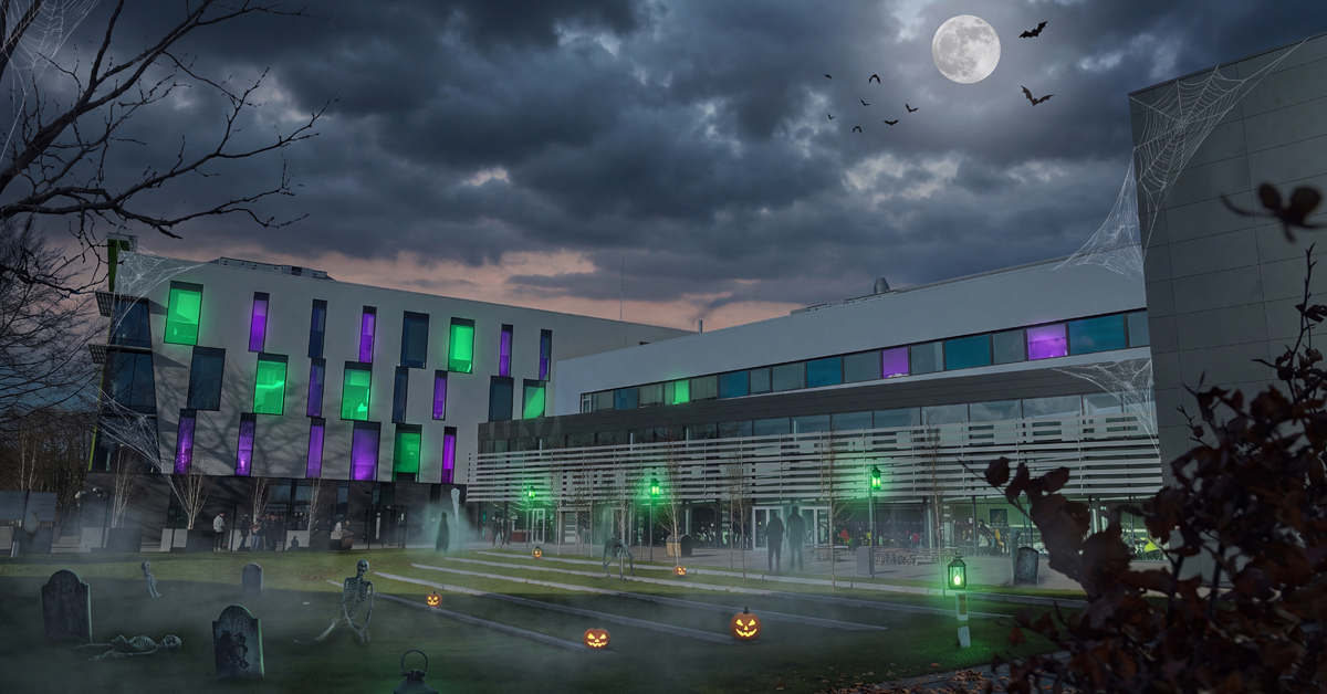 Basford front entrance with halloween themed elements
