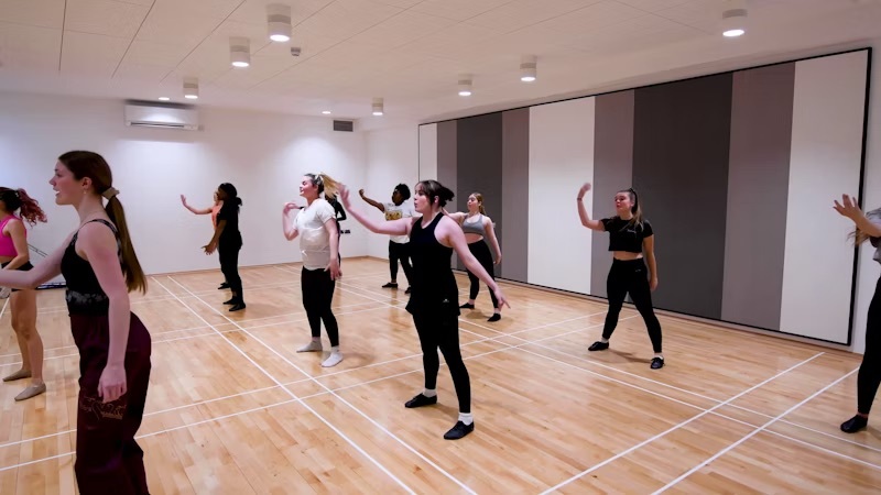 A groups of students in a performing arts studio.