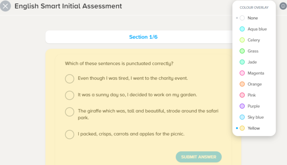 Example English initial assessment, showing a multi choice question