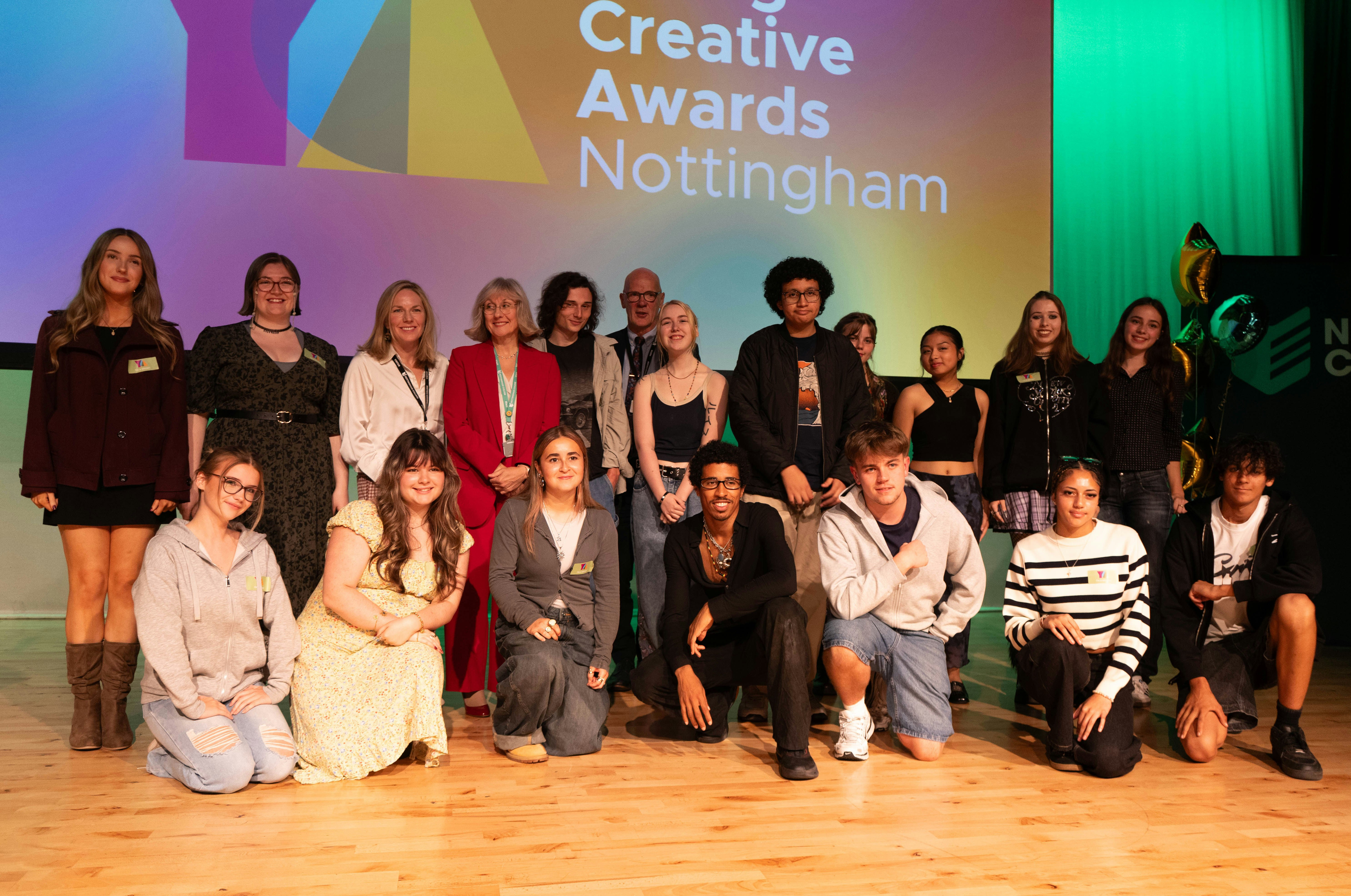 YCA organisers, Nottingham College staff and YCA shortlist/winning creatives pose for a group photo