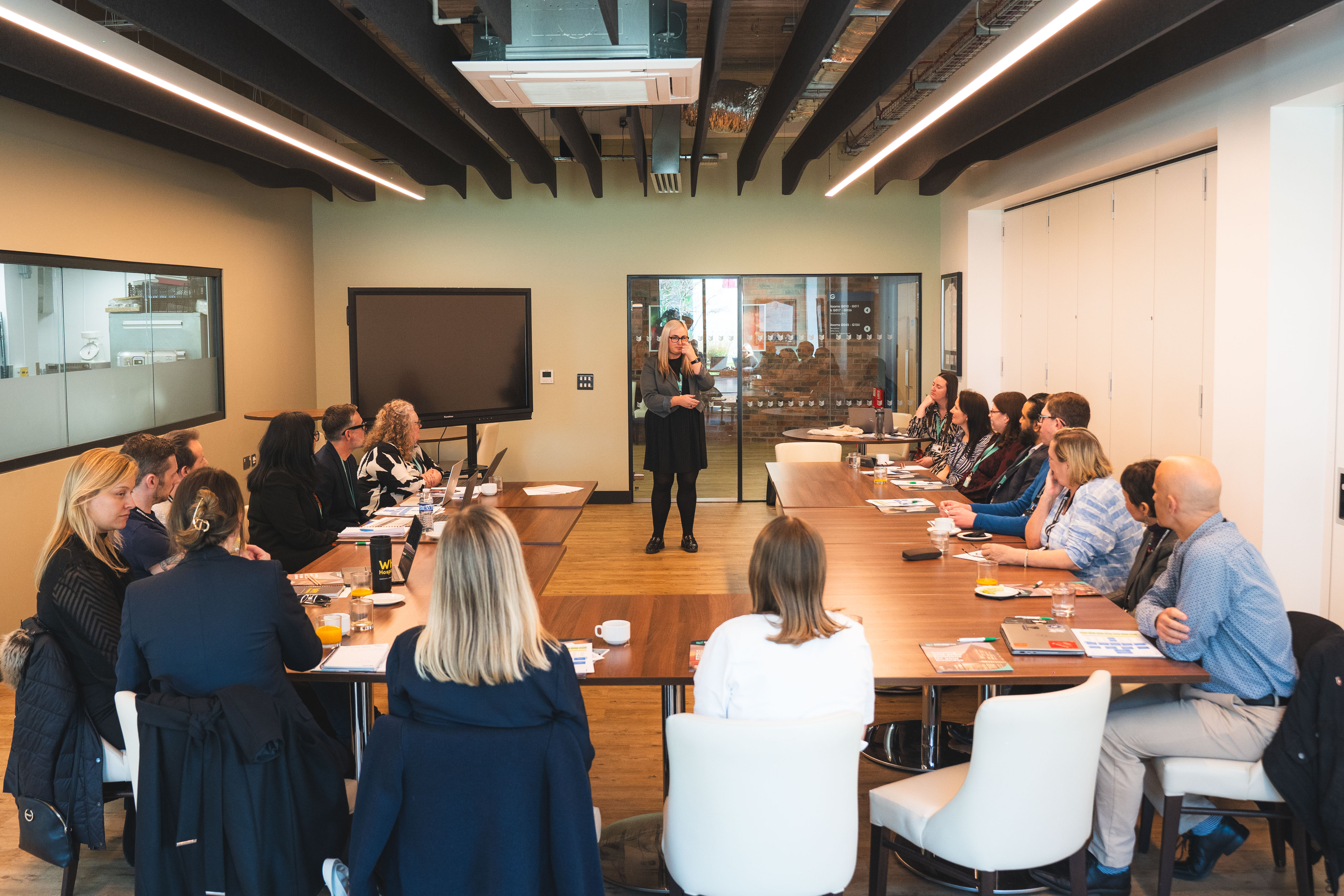 A large group of professionals having a meeting