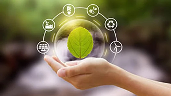 A hand holding a sphere with a green leaf and eco‑themed icons around it.