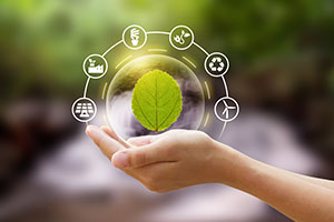A hand holding a sphere with a green leaf and eco‑themed icons around it.
