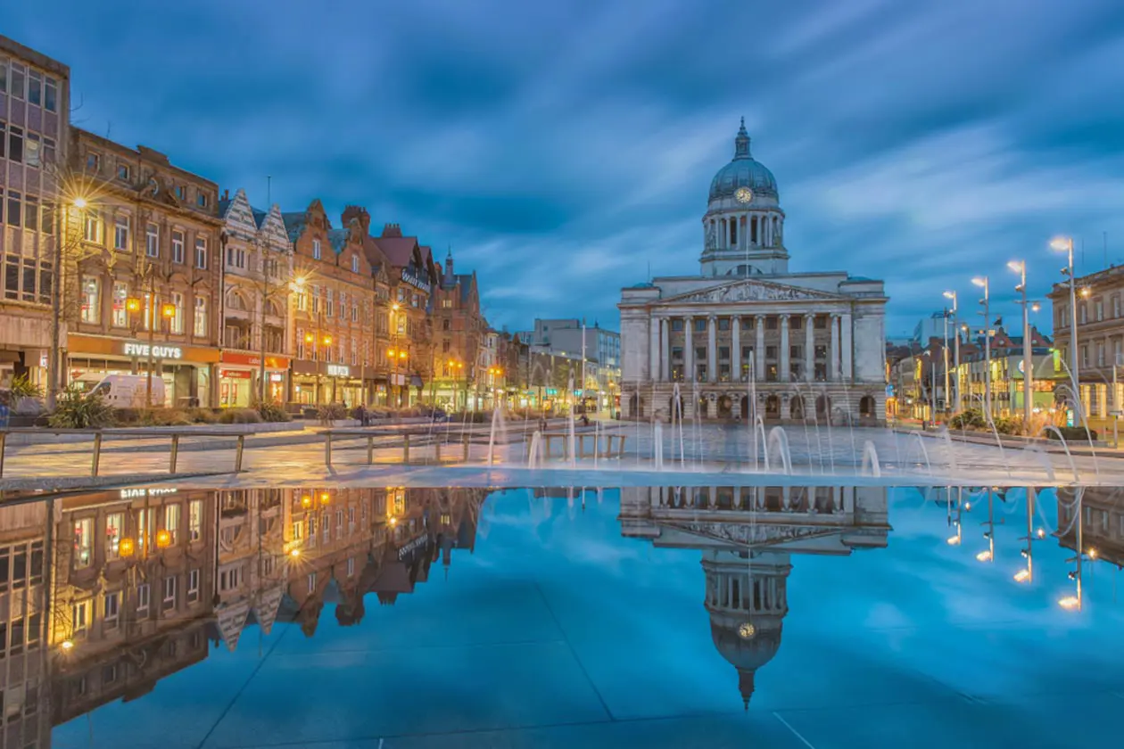 The council building and surrounding shops in Nottingham City Centre