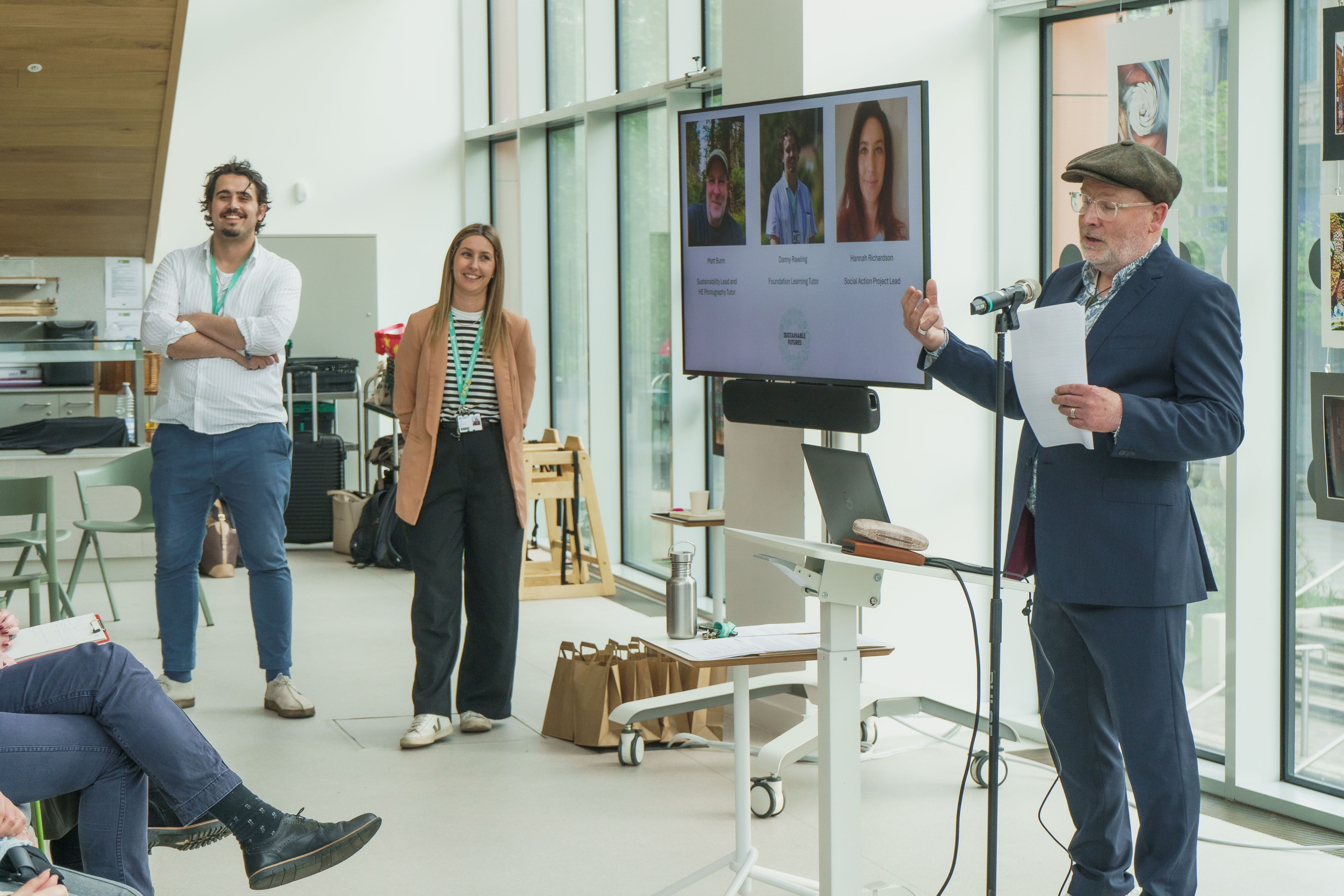 Matt Bunn, Hannah Richardson and Danny Rawling presenting in the library