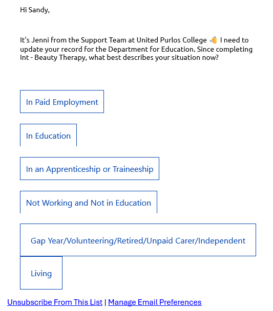 Destinations survey email example