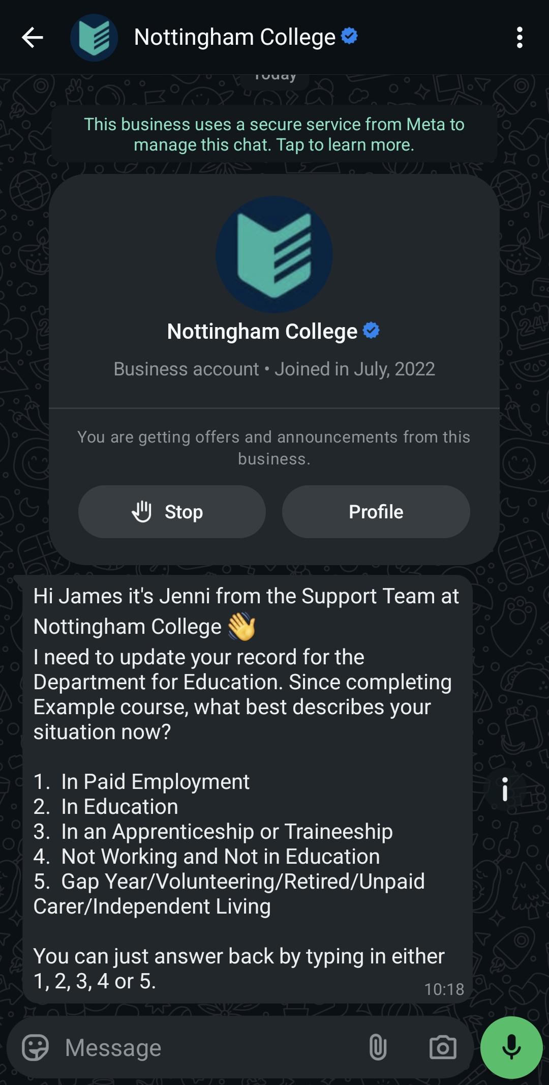 Example Destinations Message Whats App