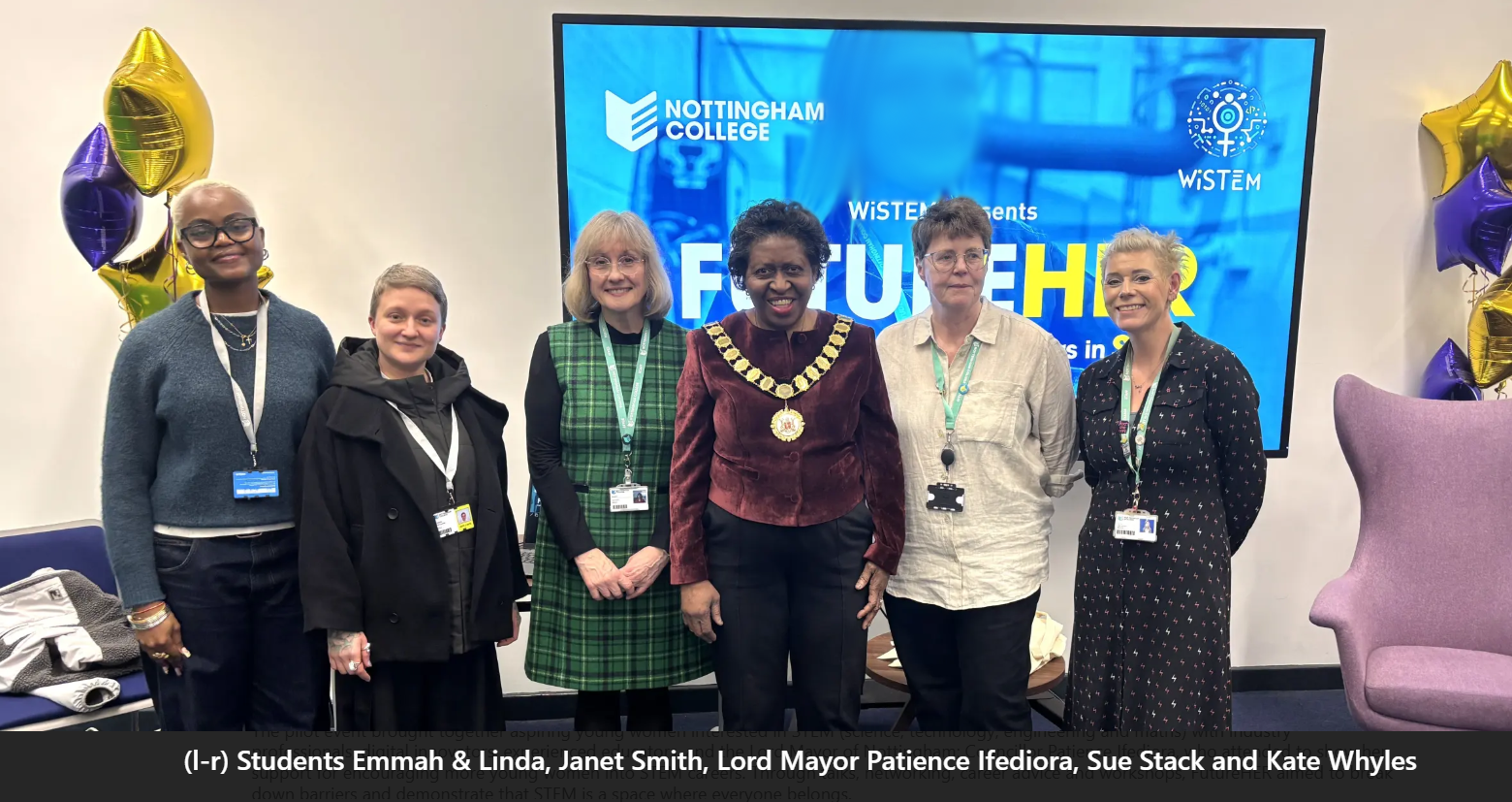 Students Emmah and Linda, Janet Smith, Lord Mayor Patience Ifediora, Sue Stack and Kate Whyles