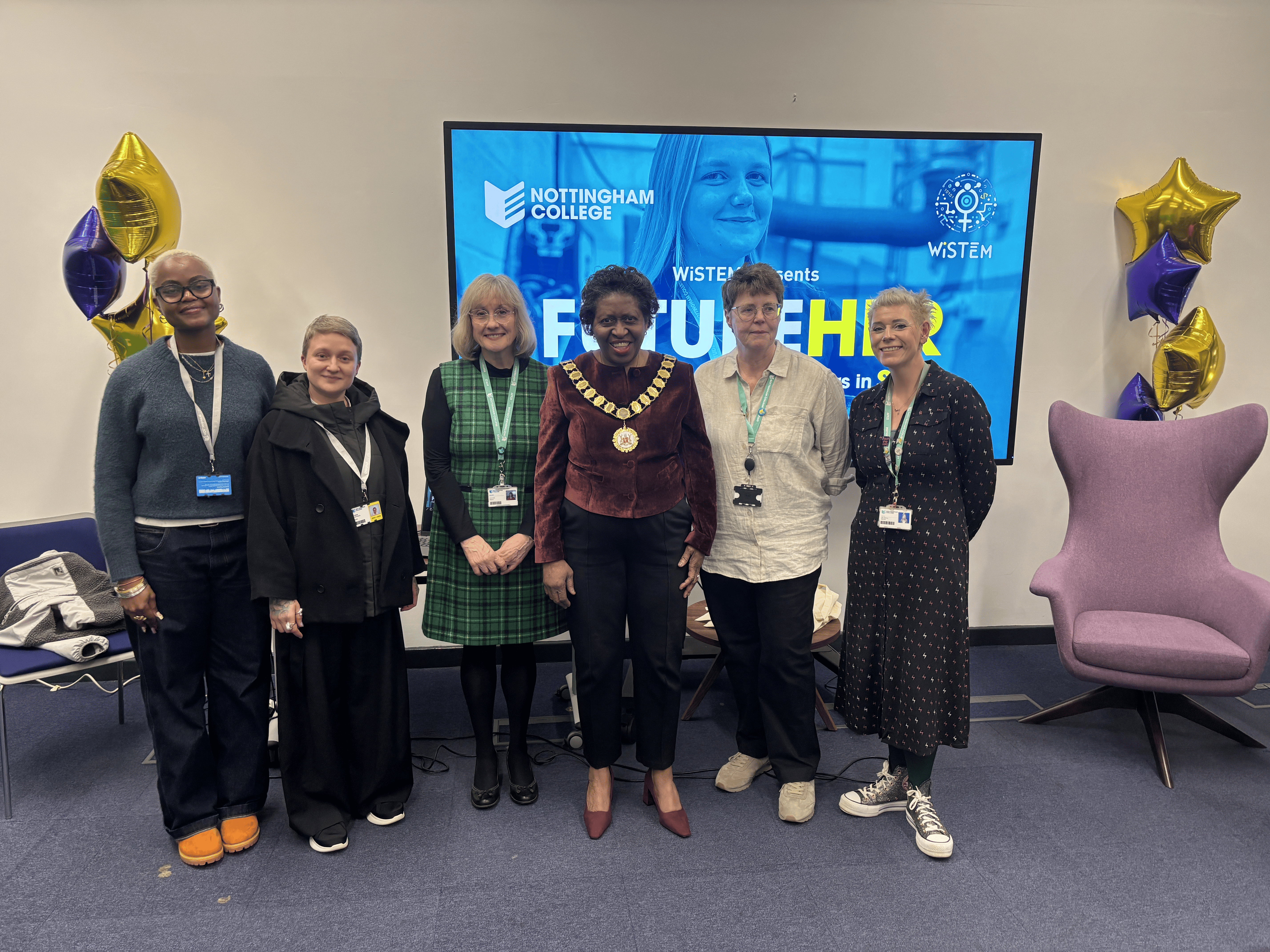 From left to right: student Emmah Ikatwa, student Linda Chistyakova, Principal and CEO Janet Smith, the Lord Mayor of Nottingham; Councillor Patience Ifediora, Head of Student Experience at Highfields Sue Stack and Digital & Innovation Coach Kate Whyles.