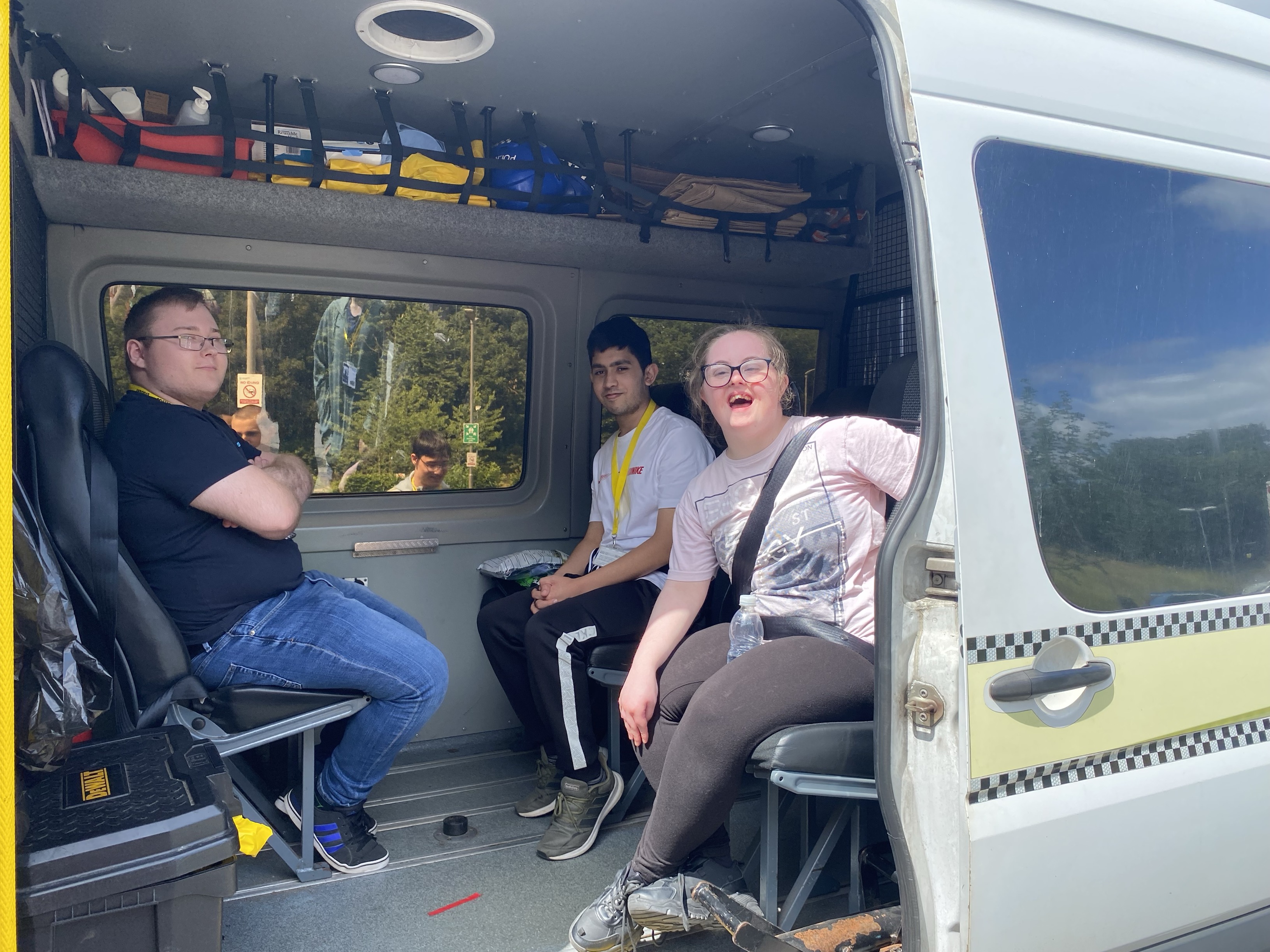 Students in a emergency vehicle